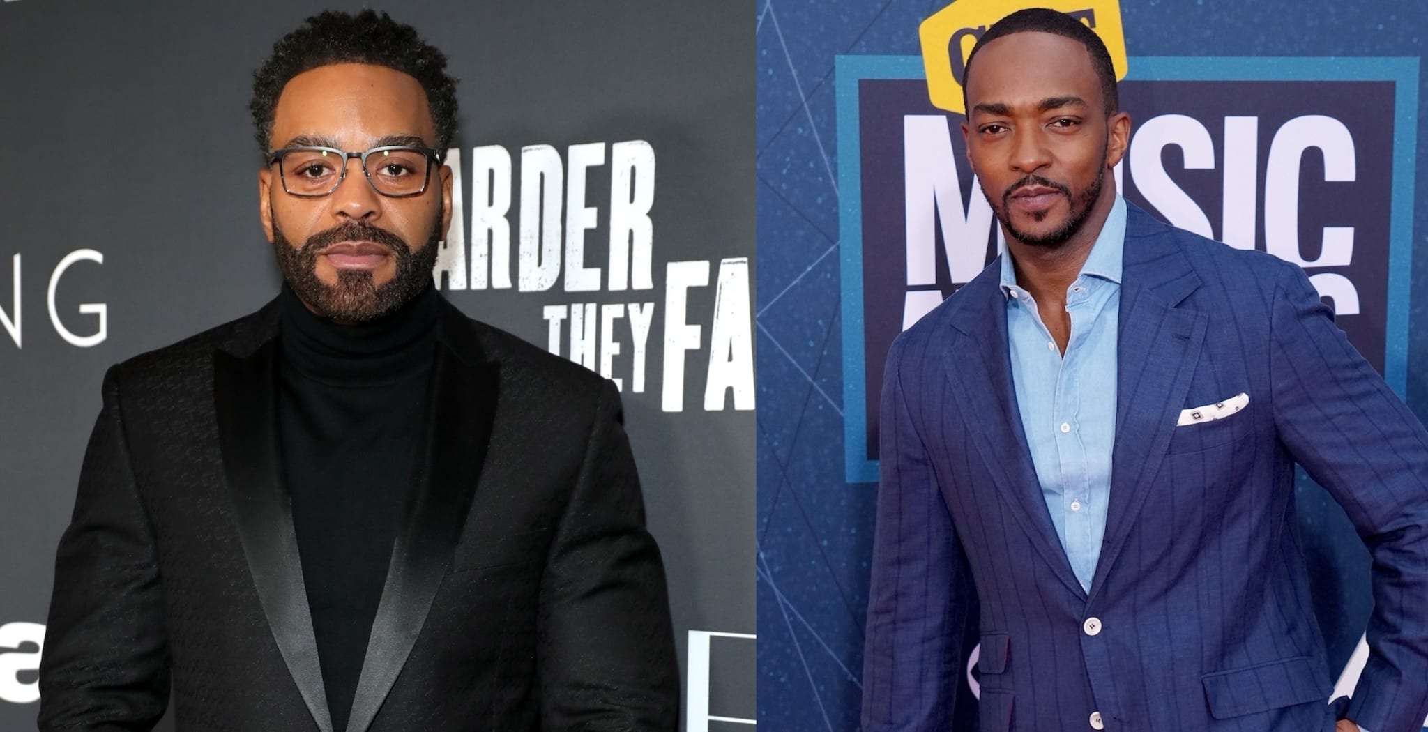 Two men posing separately, one in a turtleneck and glasses, the other in a suit with a patterned tie