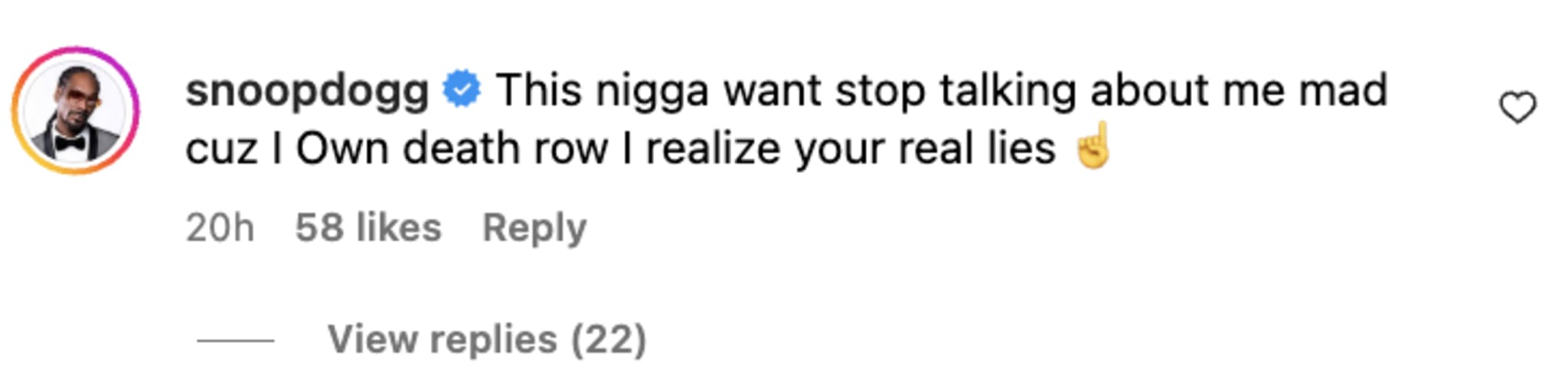 Instagram comment by Snoop Dogg expressing frustration, mentioning Death Row, with 58 likes and 22 replies.