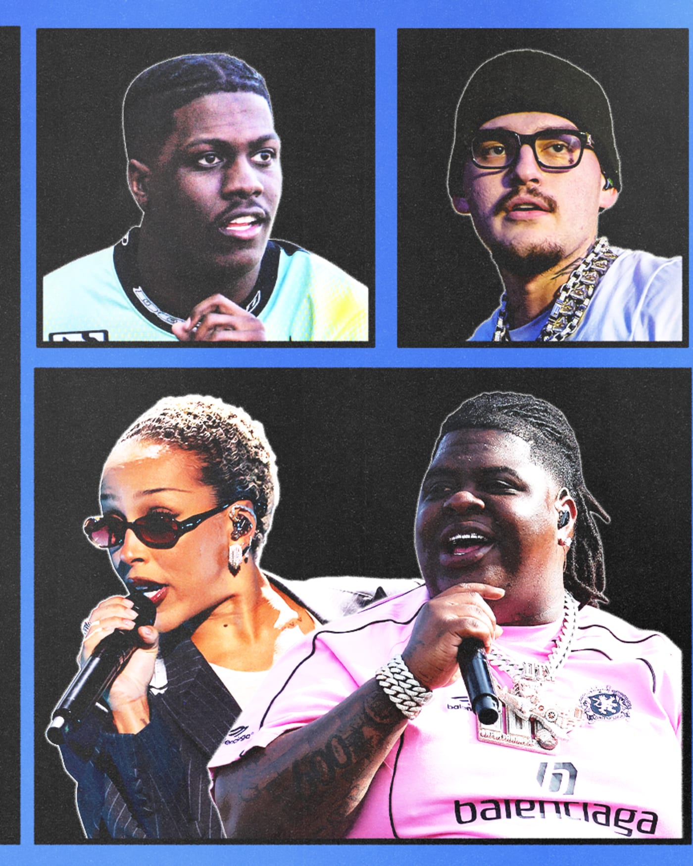 Collage of five performers, each in a separate frame. The central figure wears a striped blazer, while others hold microphones or pose.