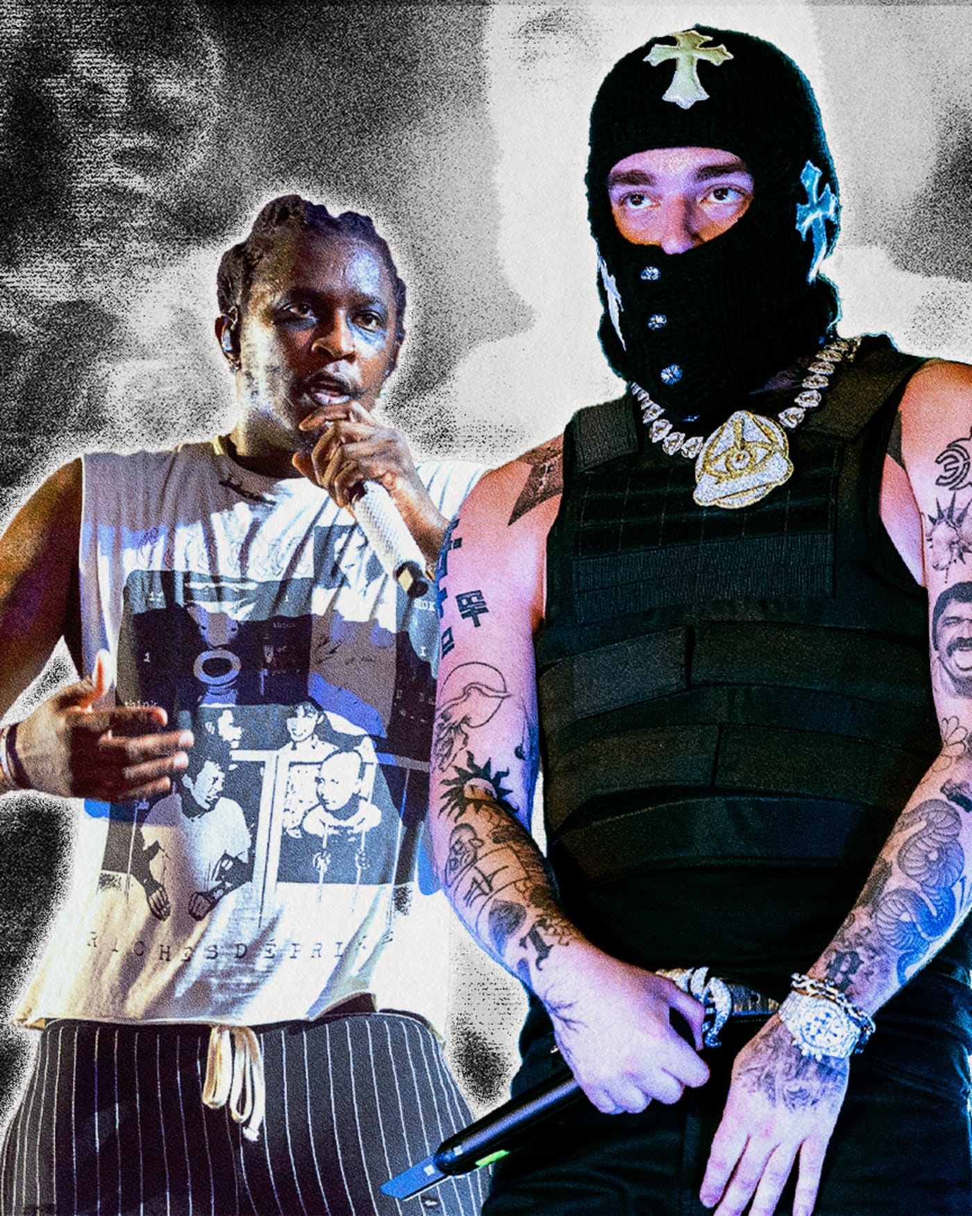 Four men in stylish outfits, including one with a mask and tattoos, one in a leather jacket and hat, and another in a sleeveless shirt.