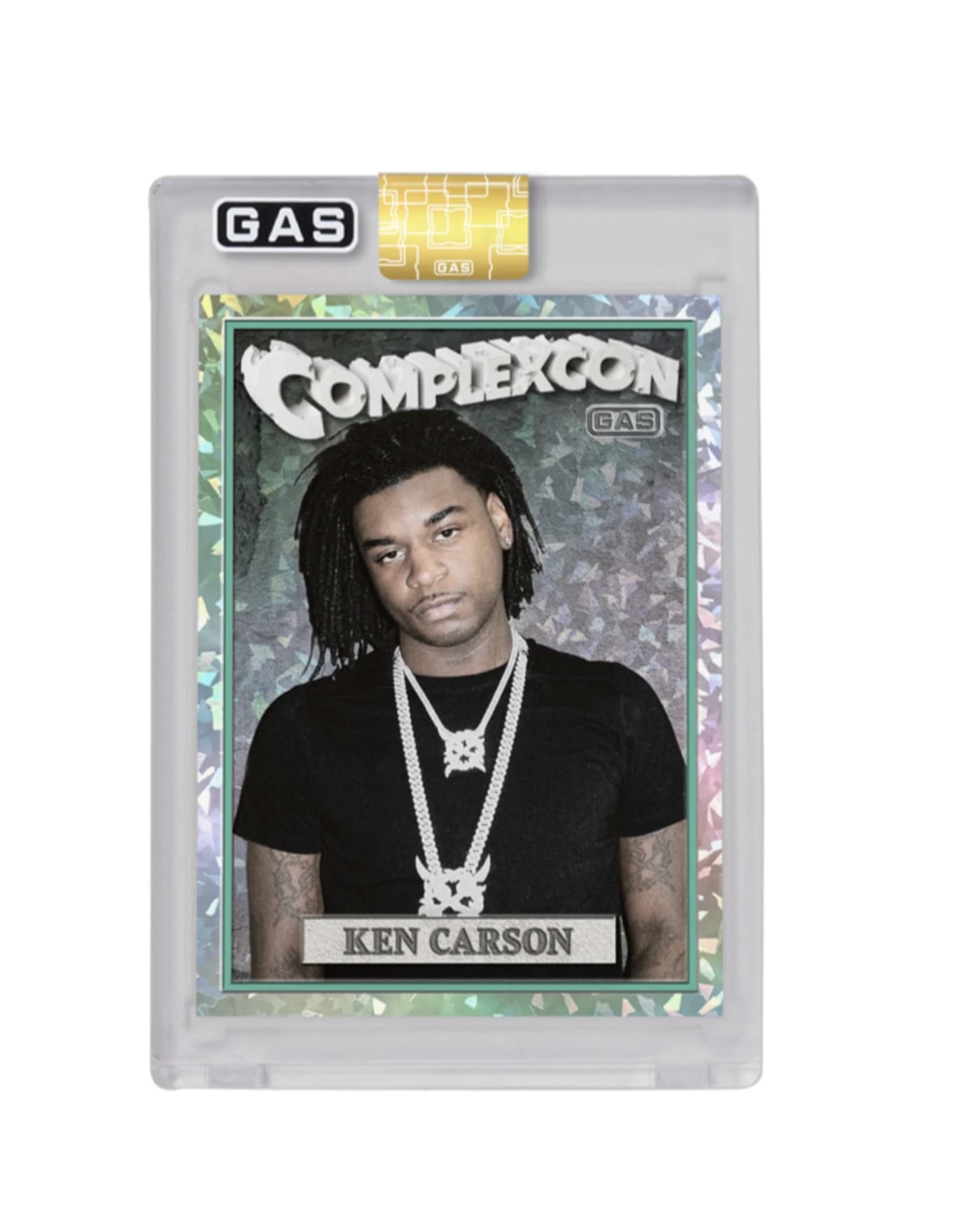 A trading card featuring Ken Carson next to a black Affliction hoodie with intricate white designs.