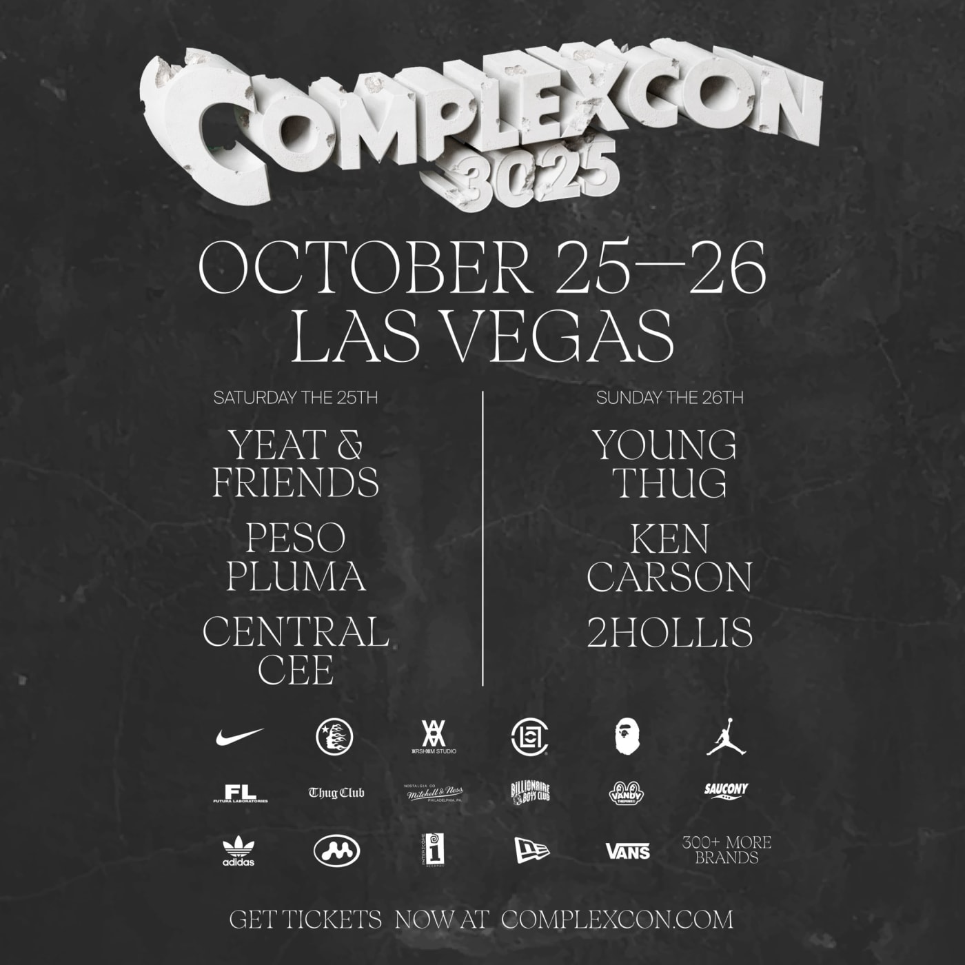 ComplexCon 2025 poster for October 25-26 in Las Vegas, featuring Yeat, Peso Pluma, Central Cee, Young Thug, Ken Carson, and 2Hollis.