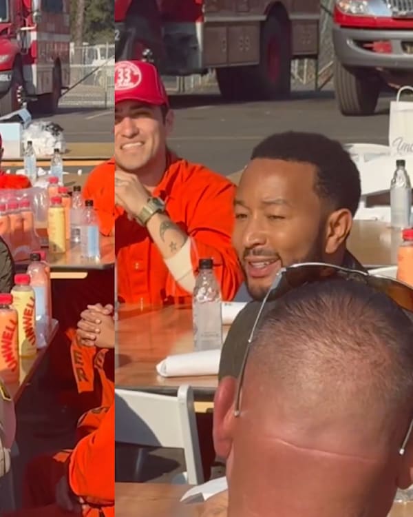 John Legend sitting and speaking with incarcerated firefighters who have been battling Los Angeles wildfires.