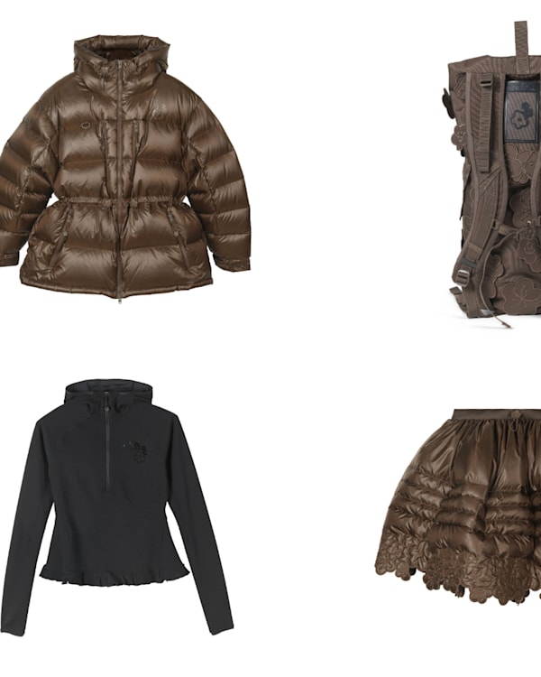 A collection of brown and black clothing items: a puffer jacket, backpack, cropped jacket, hoodie, puffer skirt, and boots.
