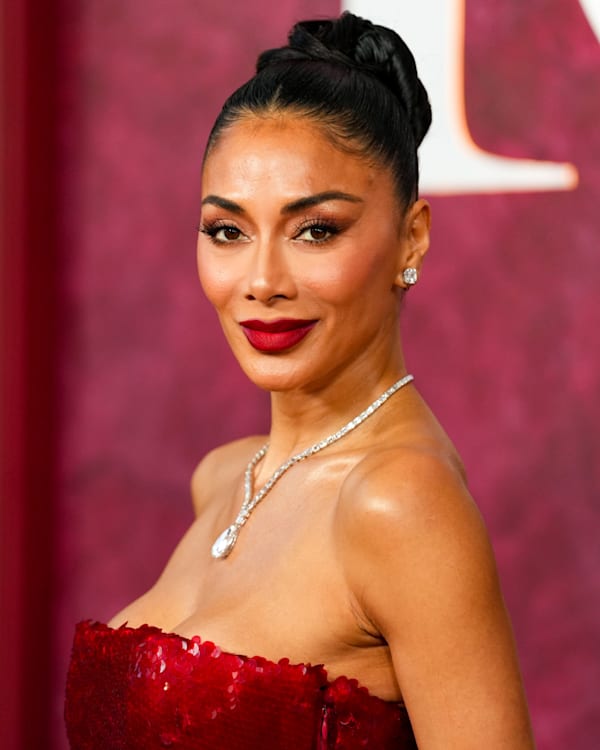 (L) Nicole Scherzinger in a red dress. (R) Prince performing with a guitar, both against vibrant backgrounds.