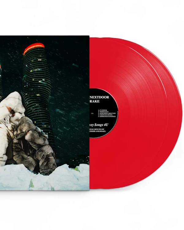 The album cover for Partynextdoor and Drake’s '$ome $exy $ongs 4 U’. It features two figures in winter clothing hugging in front of illuminated towers, with a red vinyl record beside it.