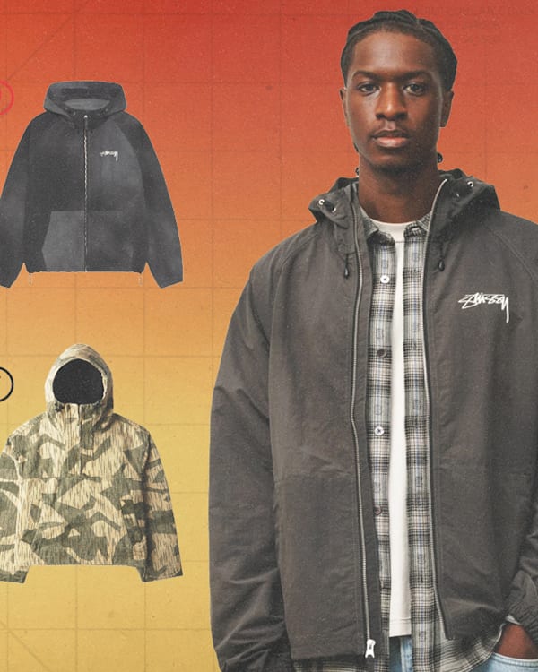 A collection of six jackets displayed on a gradient background, with a person wearing a Stüssy jacket on the right.