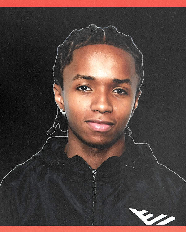 A collage of five young teenage rappers against a black background with a red border. Each person has a distinct pose and expression.