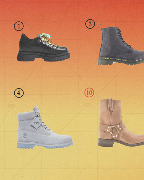 A collection of various boot styles on a gradient background, including hiking boots, combat boots, and leather boots.