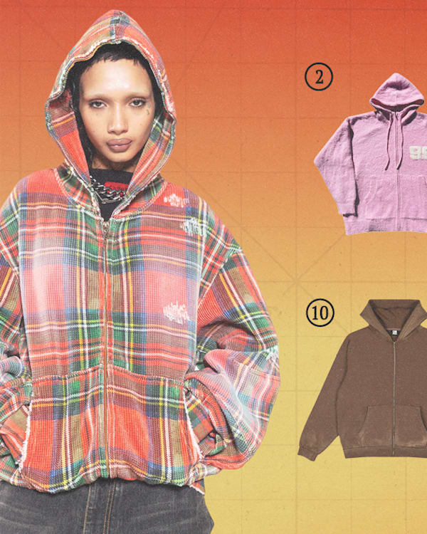 A model in a plaid hoodie is on the left. On the right, there are various hoodies in different colors and styles, numbered 2 to 10.