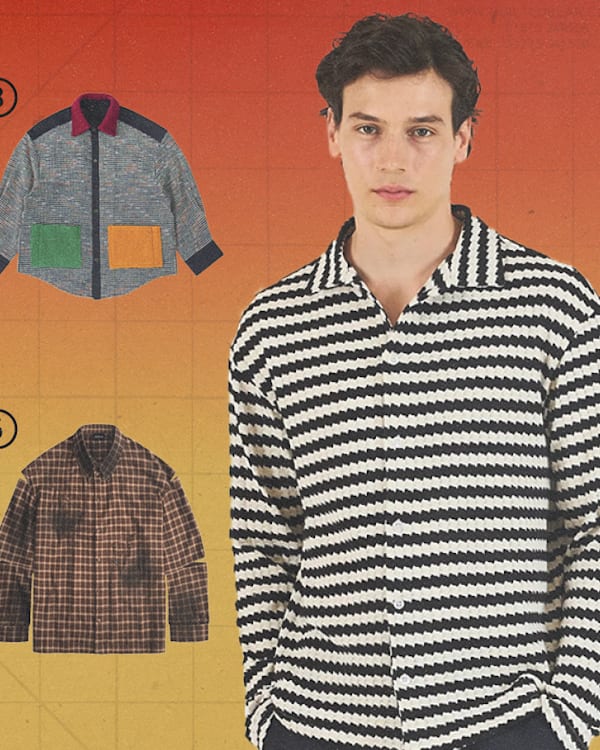 A man in a striped shirt stands beside six different patterned jackets on a gradient background.
