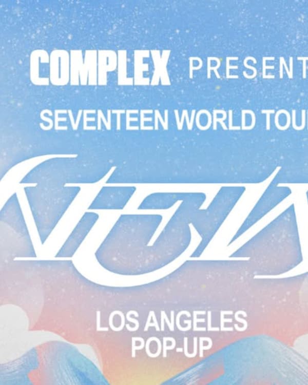 Promotional image for "SEVENTEEN WORLD TOUR" pop-up in Los Angeles, presented by Complex, with a stylized cityscape background.