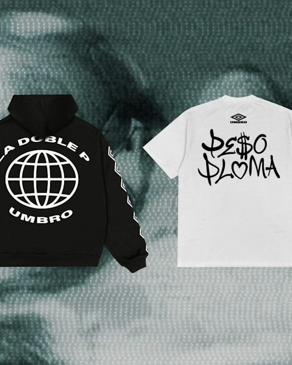 Four clothing items are displayed: two black jerseys, a black hoodie, and a white T-shirt, all featuring "Peso Pluma" and Umbro logos.
