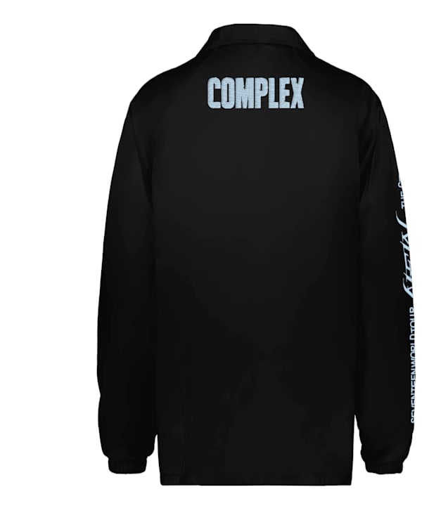 A light blue T-shirt with abstract black line design and a black jacket with "COMPLEX" printed on the back in blue.