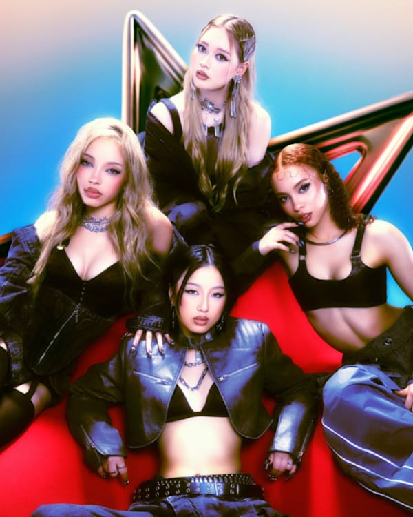 Two groups of women pose stylishly. On the left, five women in edgy outfits with a colorful backdrop. On the right, six women in trendy, casual attire in front of a vehicle.