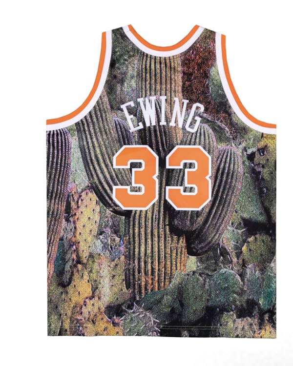 New York Knicks jersey with "Ewing" and number 33, featuring a desert cactus design.