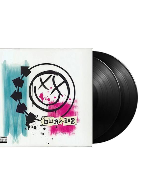 Album cover of Blink-182's "Greatest Hits" with their iconic smiley face logo and two vinyl records.