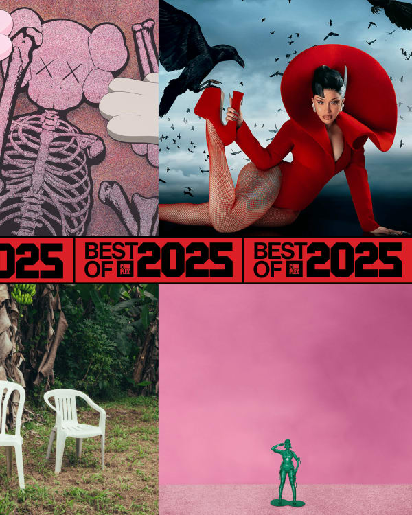 Collage with artwork and a woman in red, two white chairs in a jungle, and a green toy soldier on a pink background. "Best of 2025" text.