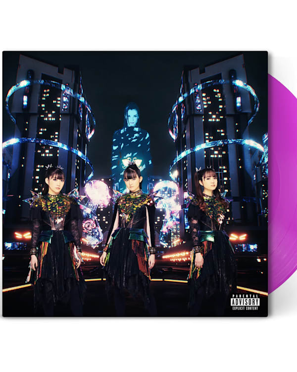 The image shows an album cover featuring a futuristic cityscape with three women in elaborate outfits, and a purple vinyl record.