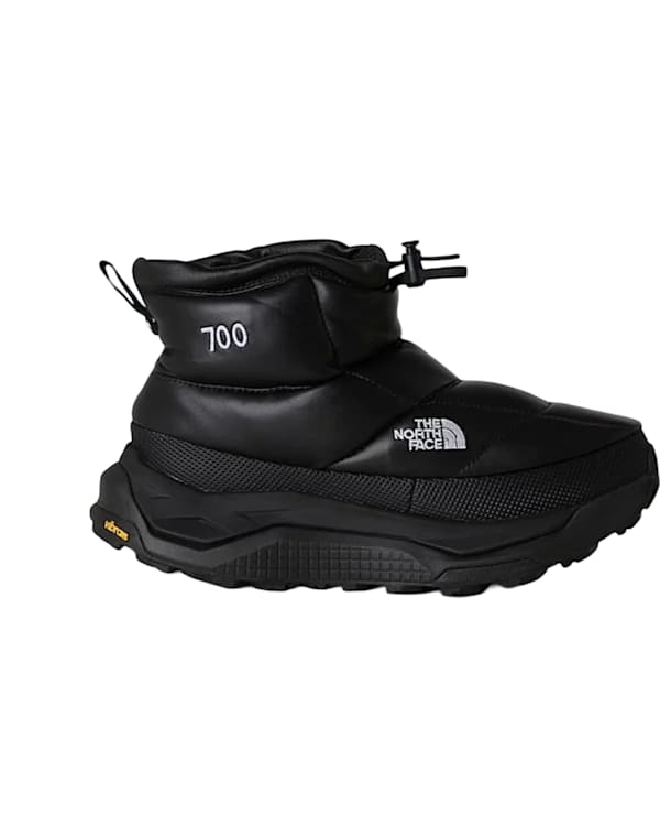 A black The North Face puffer jacket and a matching black boot with "700" on the side, both featuring the brand's logo.