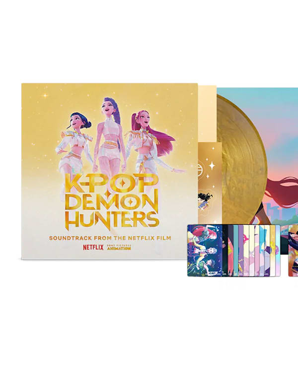 Cover for "K-Pop Demon Hunters" soundtrack, featuring animated characters, a gold vinyl record, and colorful cityscape artwork.