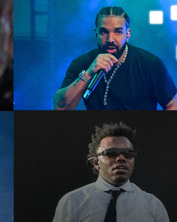 Four images: Top left, Doechii rapping; top right, Drake with a microphone; bottom left, Kehlani with "2026 Preview" text; bottom right, Baby Keem in sunglasses.