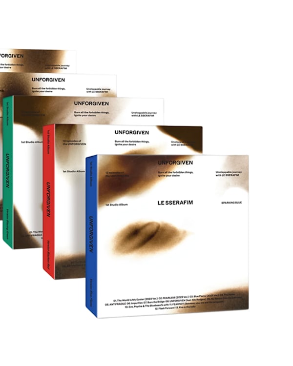 Five album covers with abstract designs and bold colors, featuring the text "Unforgiven" and "Le Sserafim."