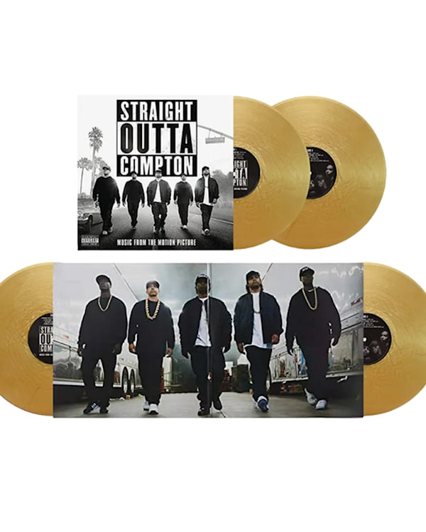 The image features two gold vinyl records and the "Straight Outta Compton" soundtrack cover, with a photo of N.W.A members walking.