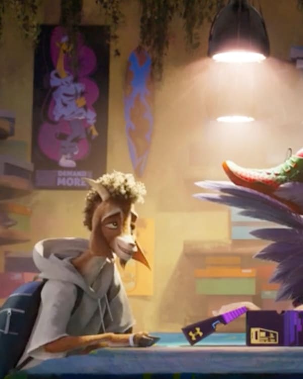 An animated bird character sits at a table in a shoe store, interacting with a colorful vulture holding a sneaker.