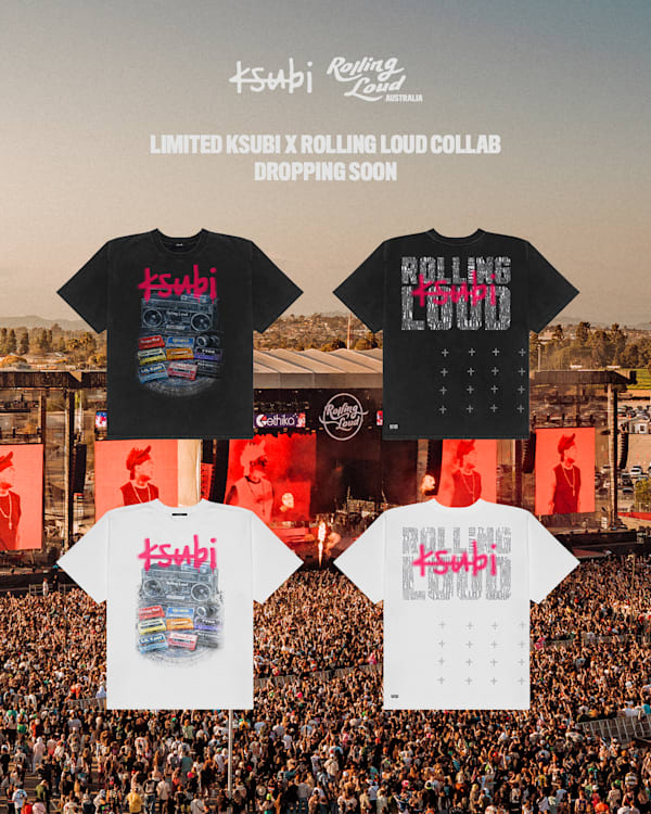 Promotional image for a limited Ksubi x Rolling Loud collaboration, featuring black and white T-shirts with festival graphics.