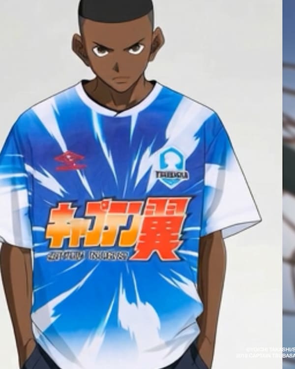 A character from "Captain Tsubasa" wearing a blue and white jersey with Japanese text. Next to it, the same jersey displayed separately.