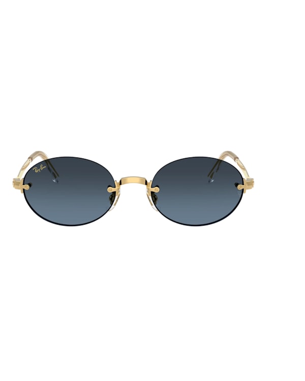 Two pairs of sunglasses: one with round blue lenses and gold frames, the other with rectangular green lenses and gold frames.