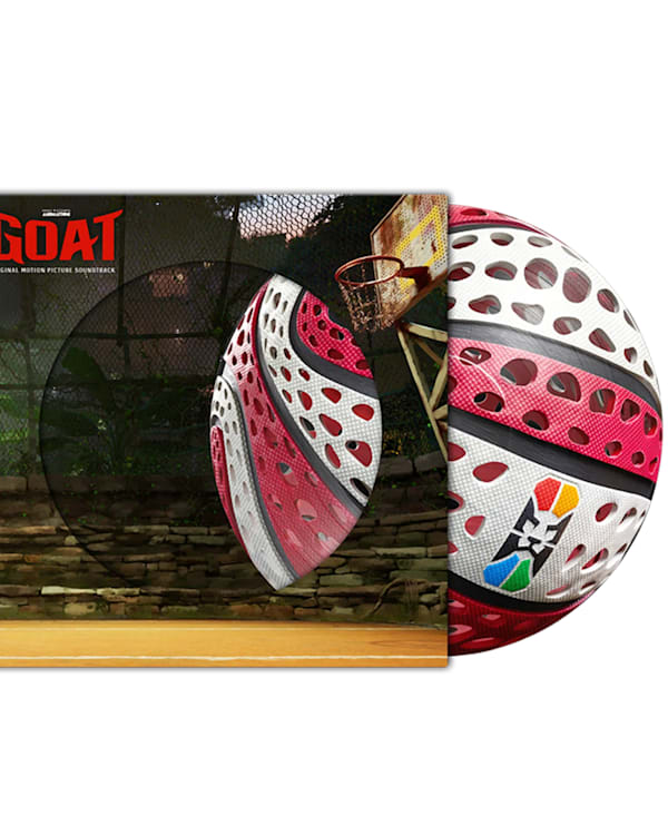 Vinyl records featuring artwork of an animated goat playing basketball and a close-up of a basketball with "GOAT" text.