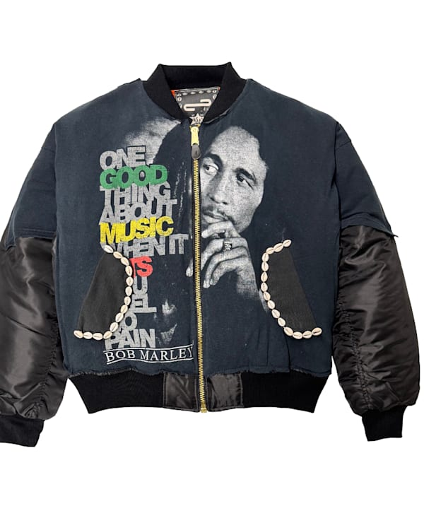 Two bomber jackets featuring Bob Marley on the left and Tupac Shakur on the right, with unique designs and patterns.