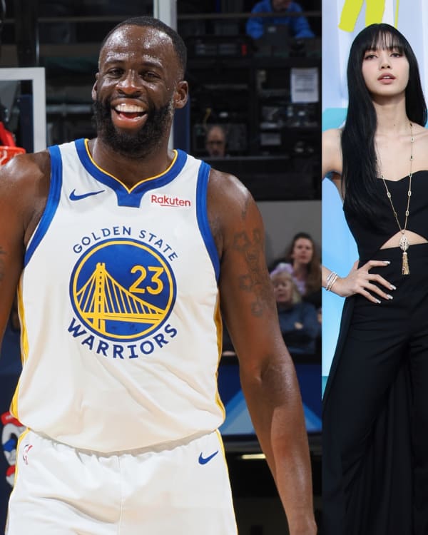 Split image. Left: Draymond Green in a Golden State Warriors jersey. Right: BLACKPINK members Lisa, Jisoo, Jennie, and Rosé in stylish black outfits.