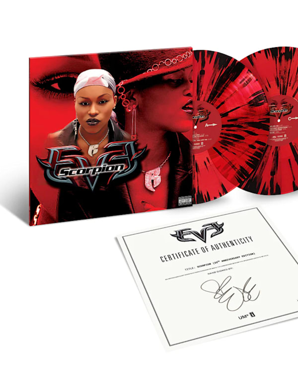 Vinyl set of Eve's 'Scorpion' album with striking red and black design, featuring a certificate of authenticity.