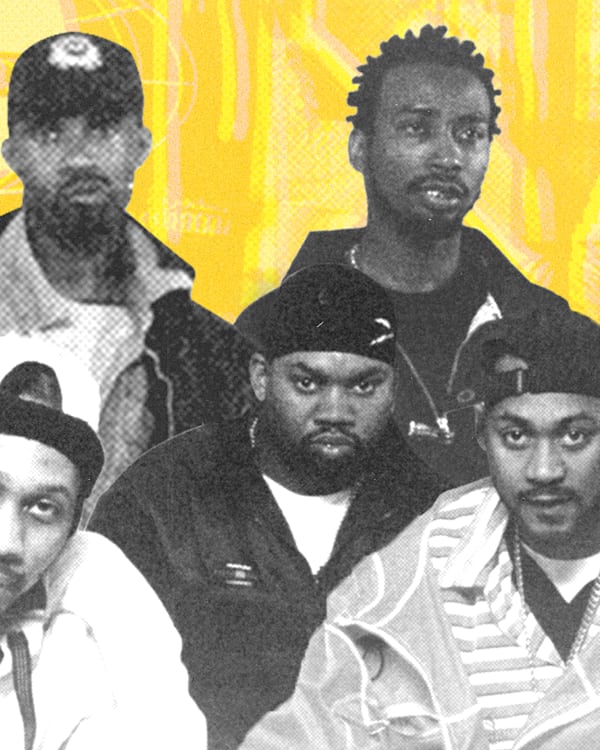 A group photo of the Wu-Tang Clan members, with a yellow background. They are wearing casual streetwear and hats. These are the best wu tang clan albums of all time