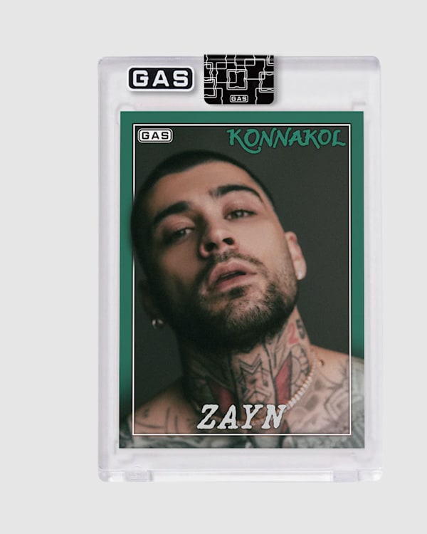 The image shows two cards featuring Zayn Malik. The front displays his portrait and name, while the back includes text and a smaller image of him.