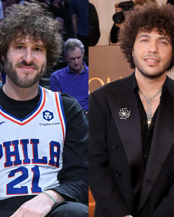Wiz Khalifa in sunglasses, Lil Dicky in a Philadelphia jersey, and Benny Blanco in a black suit, all posing at different events.