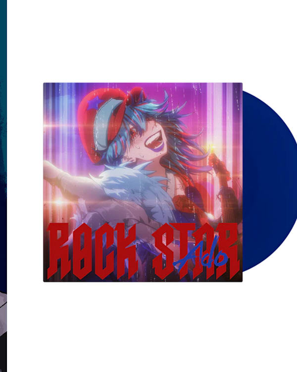 Anime-style album cover featuring a colorful character with blue hair and a hat. Text reads "ROCK STAR" with a blue vinyl record.