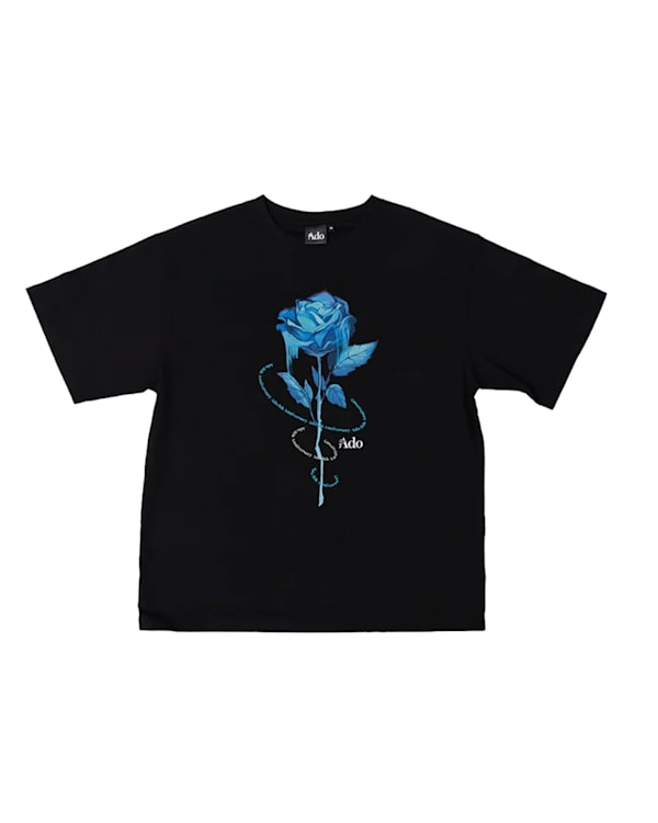 Two graphic T-shirts: one black with a blue rose design, and one gray with an illustration of a girl holding a microphone.