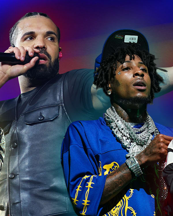 Playboi carti, Yeat, Drake and J. Cole are depicted: Yeat is wearing a mask, Carti with a headscarf and sunglasses, Youngboy in a blue outfit with chains, and Cole in a red jacket. These are the hottest rappers. 