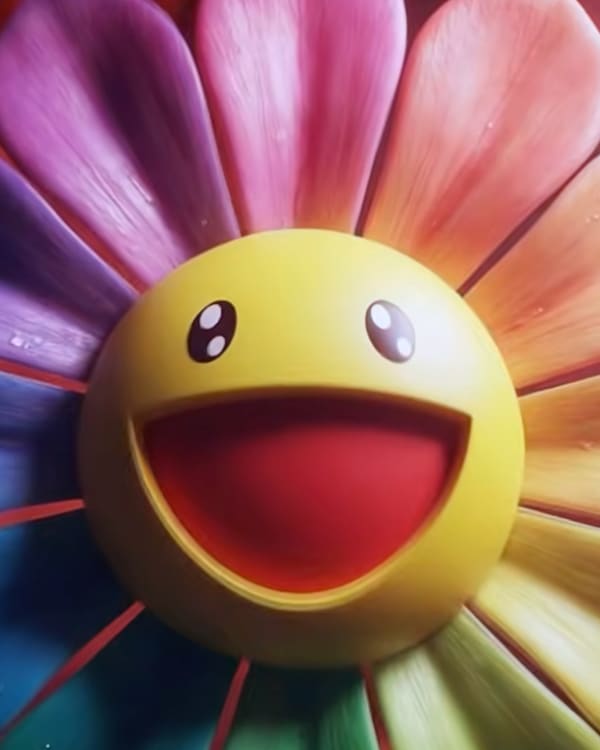 A colorful, smiling cartoon flower with a happy face and rainbow petals against a dramatic red background.