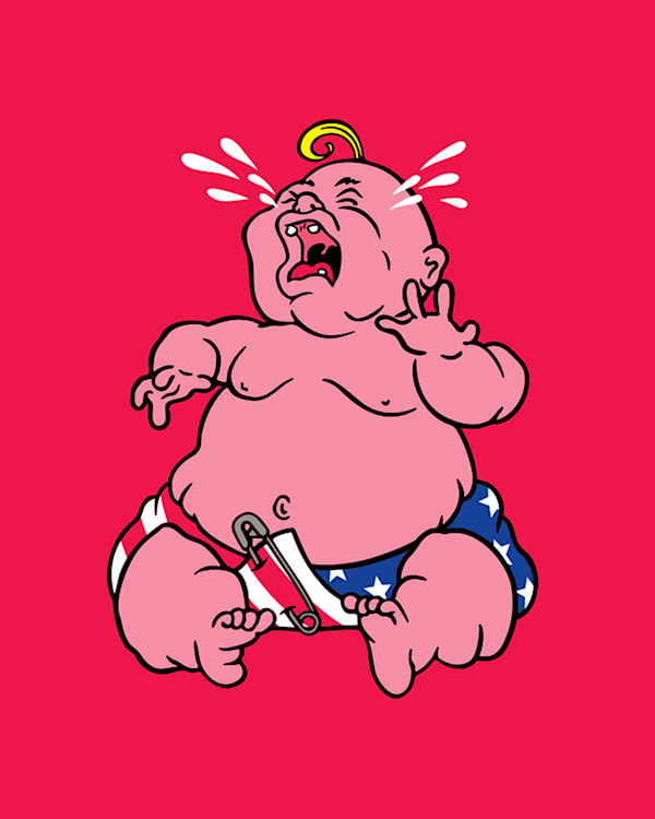 A cartoon baby with a yellow curl cries loudly, wearing a diaper with the American flag pattern, on a red background.