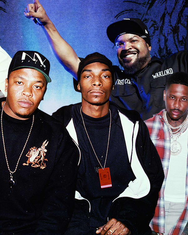 A collage featuring Kendrick Lamar, The Game, Dr. Dre, Snoop Dogg, Ice Cube, and YG with a blue background and palm trees.