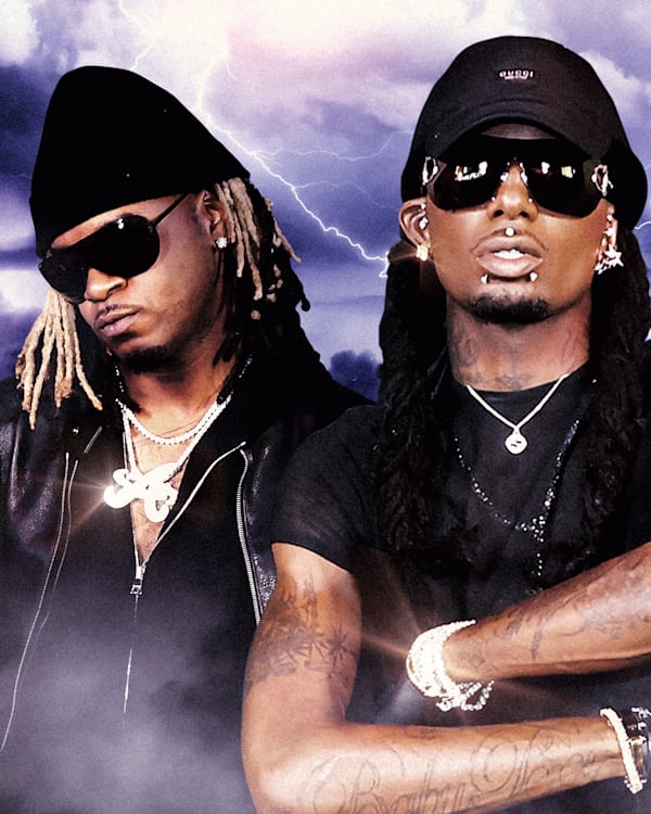 Ken Carson, Playboi Carti and Destroy Lonely in dark sunglasses and leather outfits stand against a stormy background with lightning. They will performing at ComplexCon