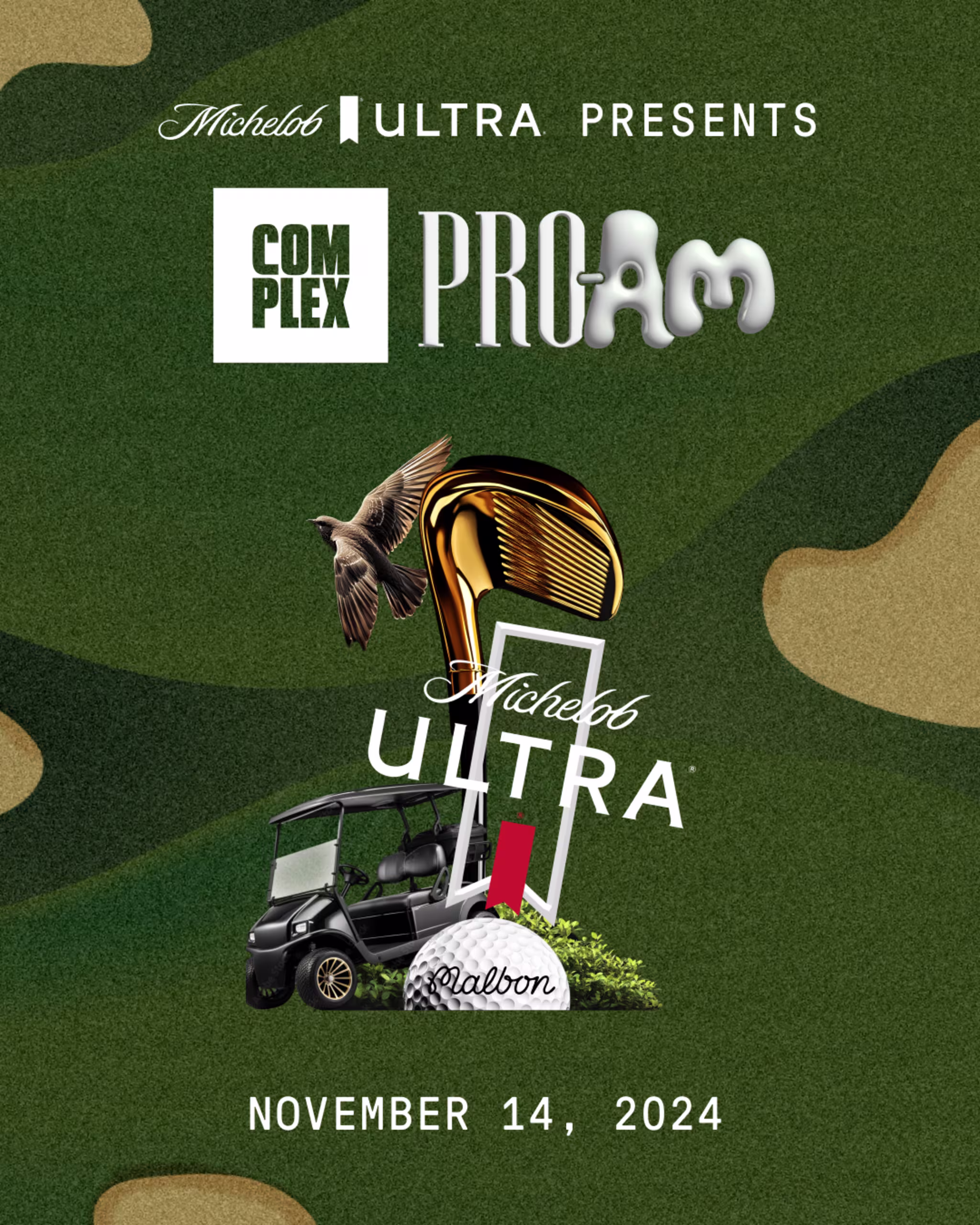 Promotional poster for Michelob ULTRA presents Complex Pro-Am, featuring a golf theme with a golden club, golf cart, and golf ball.