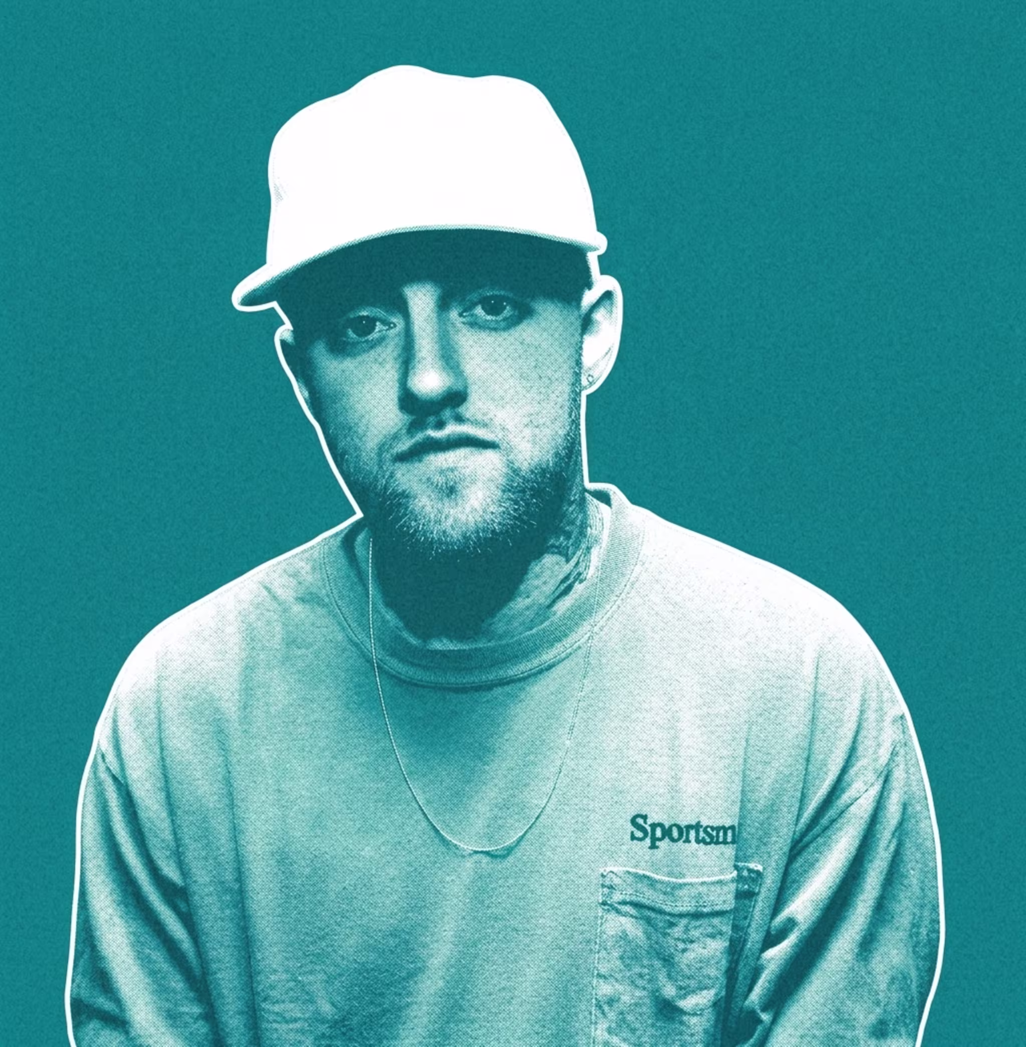 Mac Miller in a white cap and pink sweatshirt stands against a red curtain backdrop.