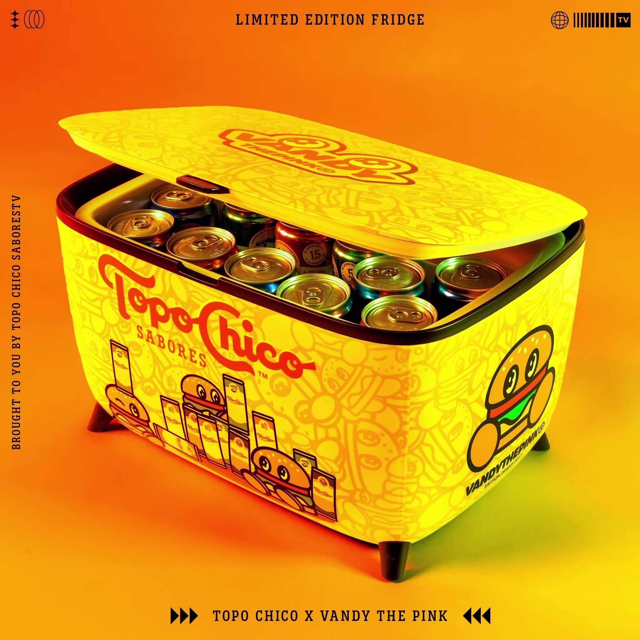 Limited edition fridge filled with cans of Topo Chico Sabores, featuring Vandy the Pink artwork and characters. Text mentions the collaboration