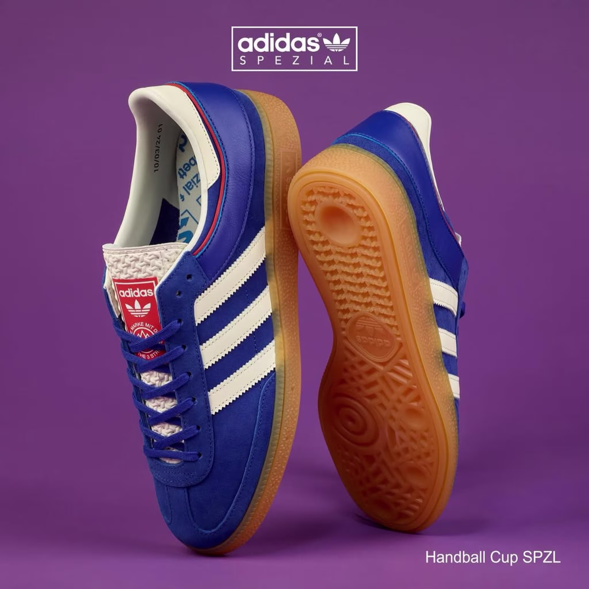 Blue Adidas Spezial sneakers with white stripes, gum sole, and red accents on a purple background. Text: "Handball Cup SPZL."